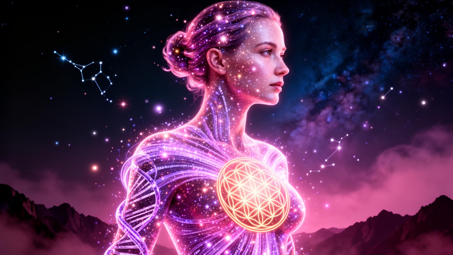 Glowing human figure made of starlight, DNA, and living code